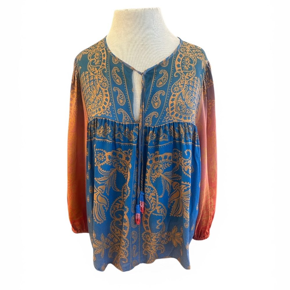 FARM Rio  Anthropologie Teal and Rust Paisley Split-Neck Tunic